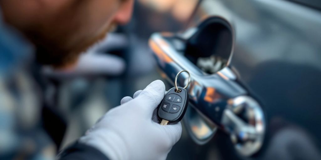 Locksmith working on car keys and door lock.