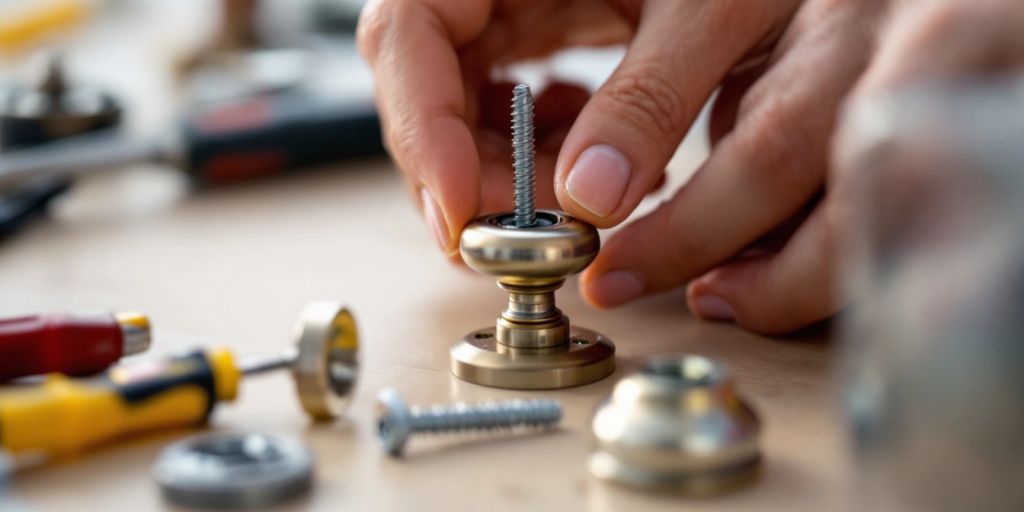 Hand assembling a door knob with tools and components.