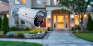 Close-up of a Hik security camera at home.